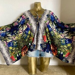 Black Bead Fabulous TROPICAL Snakeskin and FLORAL ANGEL Sleeve LACE-UP TOP S/M